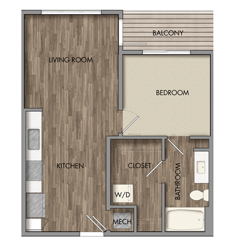 Floor plan for 1 bed, 1 bath, 625 sqft